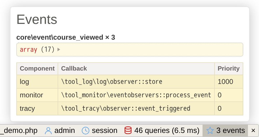 Events panel listing Moodle events and the observer callbacks registered for them