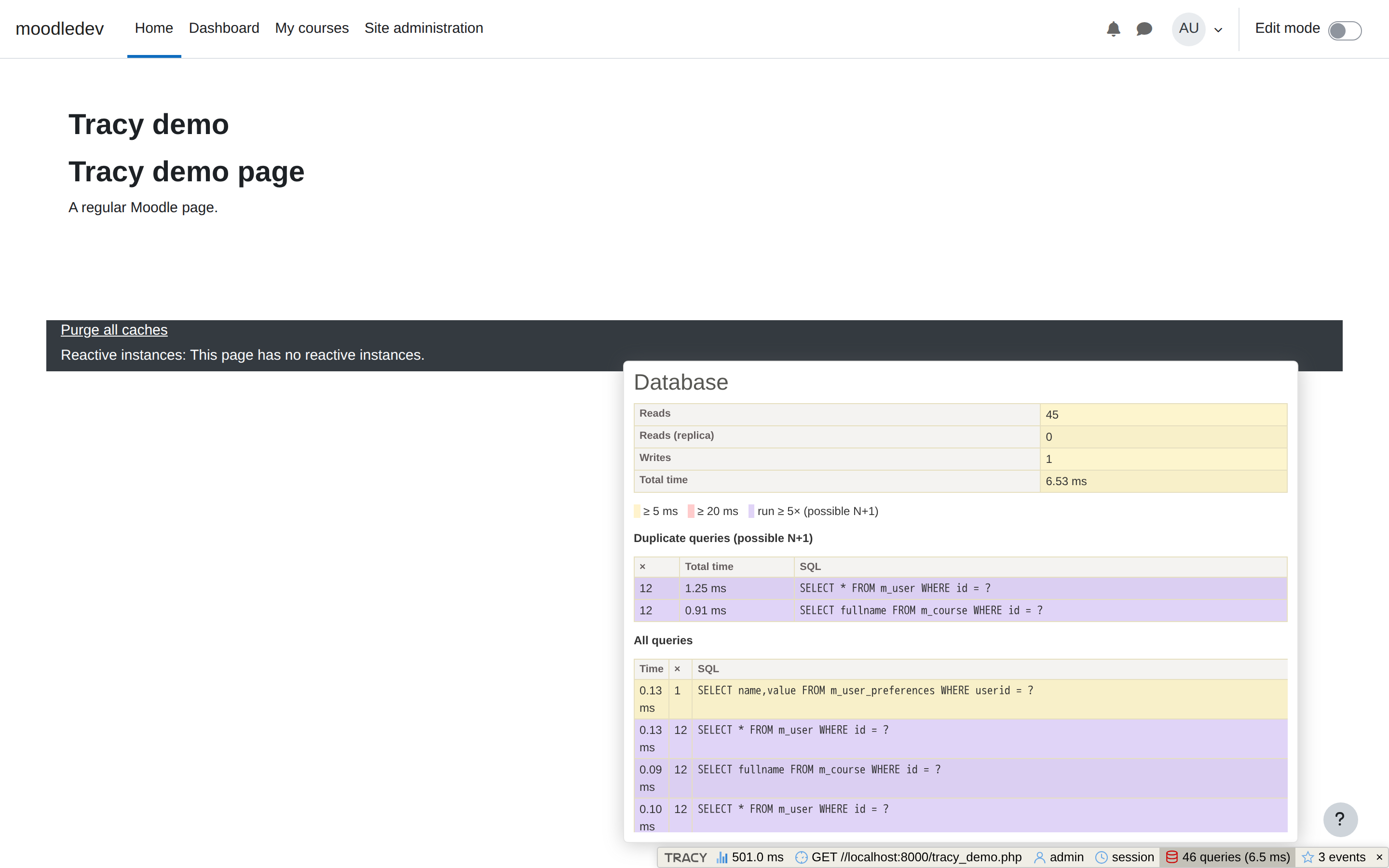 Moodle page with the Tracy Database panel listing SQL queries and highlighting repeated queries