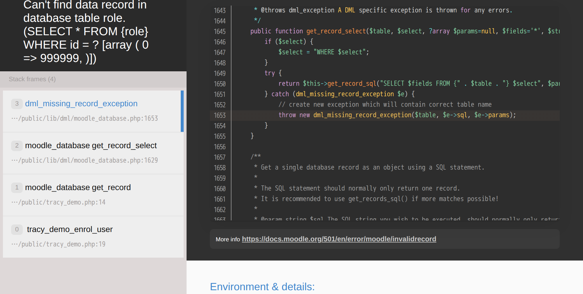 Moodle developer error page showing an exception, stack frames and source code